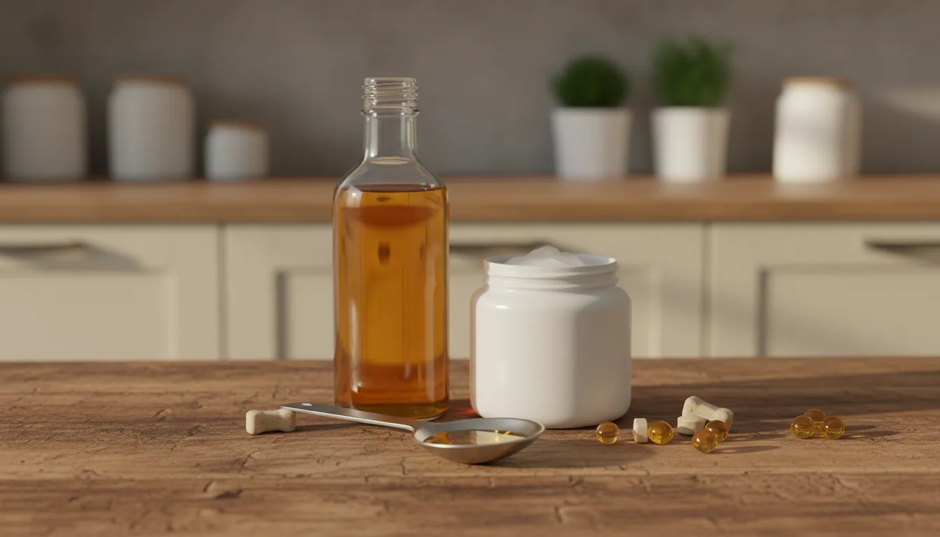 Botellas de aceite de salmón y aceite de coco junto a cucharas medidoras para perros