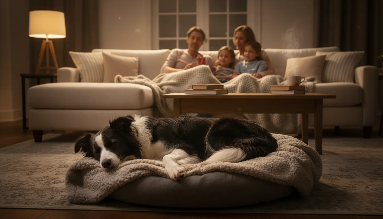 Perro participando pasivamente en una noche de cine familiar en el salón de casa