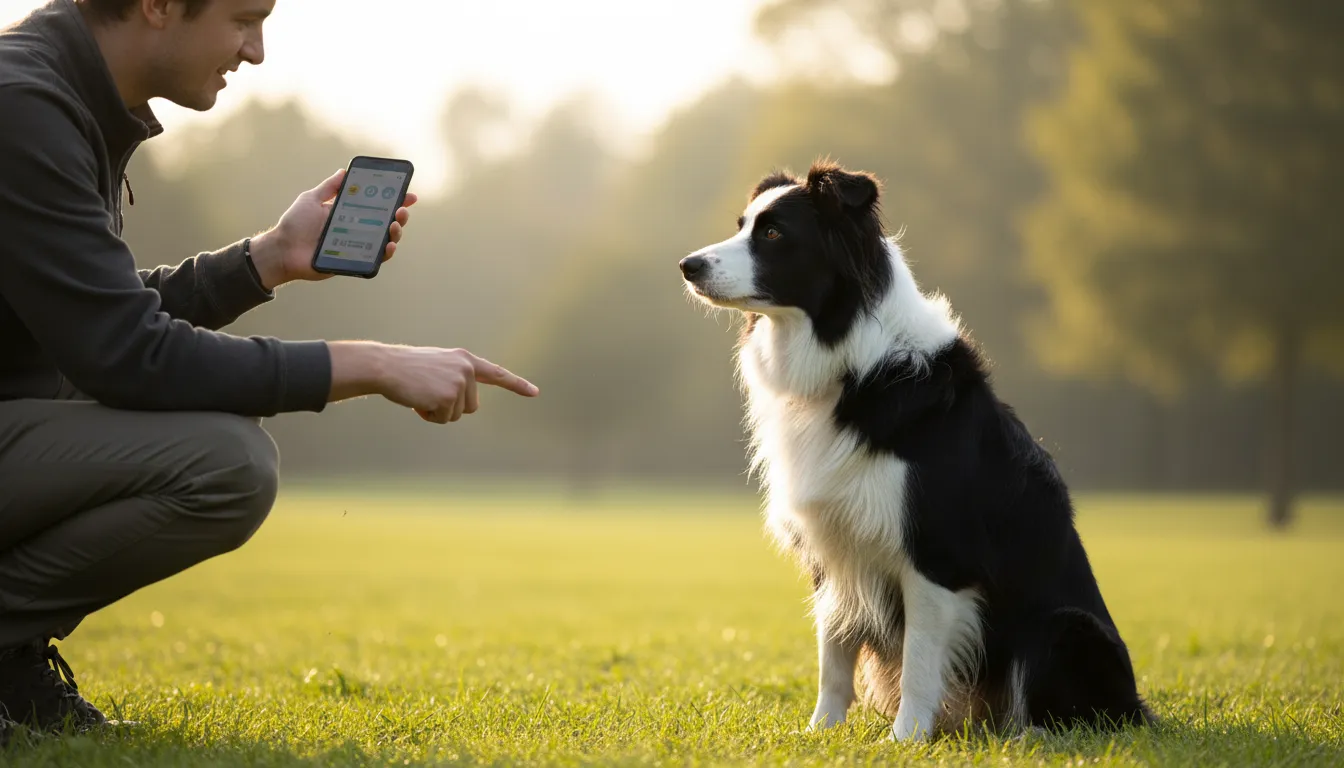 Dueño enseñando a su perro a dar la pata en un parque verde usando un smartphone para marcar el comportamiento