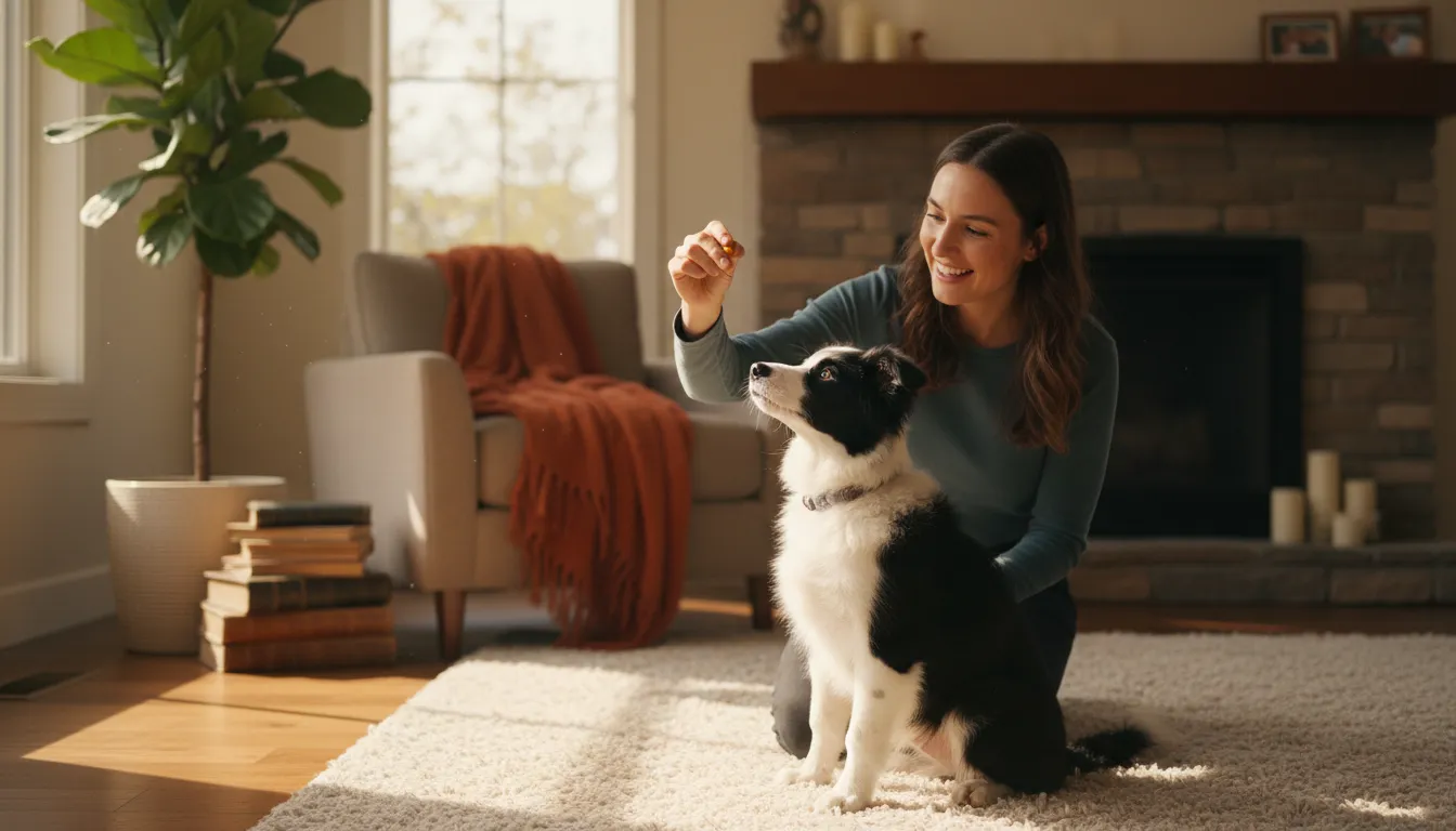 Mujer enseñando a un cachorro a sentarse usando refuerzo positivo y premios