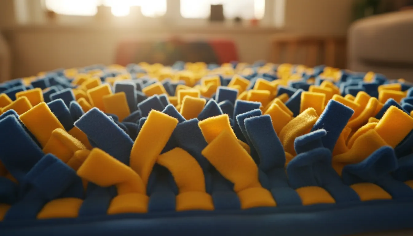 Detalle de una alfombra olfativa casera con tiras de tela polar anudadas sobre una rejilla