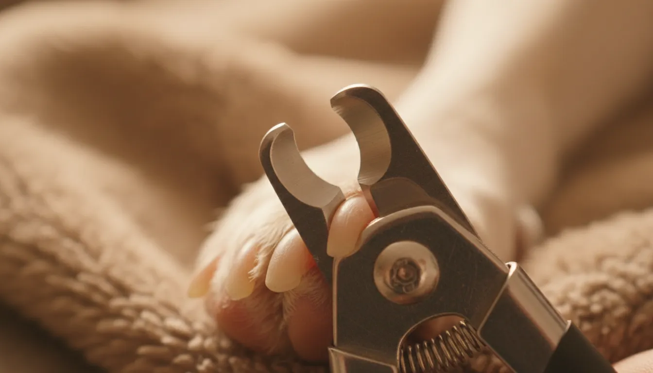 Macro fotografía mostrando el ángulo de 45 grados del cortauñas sobre la uña del perro