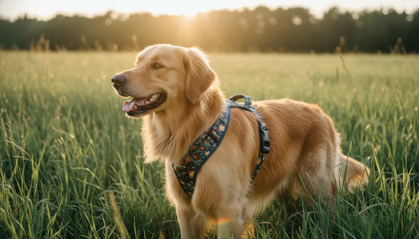 Perro usando un arnés tipo Y correctamente ajustado en exteriores