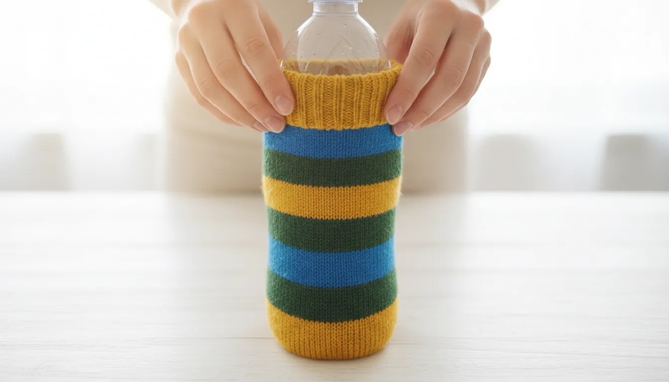 Botella de plástico siendo introducida dentro de un calcetín de rayas coloridas, manualidad para mascotas