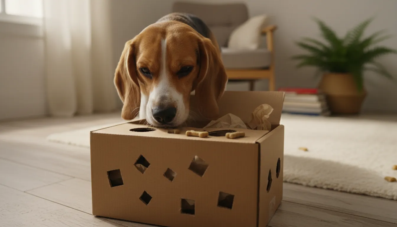 Perro investigando curiosamente una caja de cartón con agujeros y premios escondidos dentro