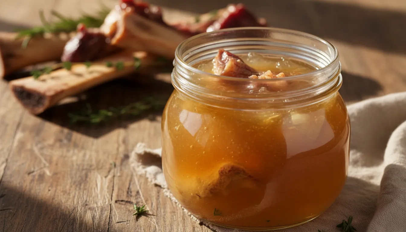 Caldo de huesos casero gelificado en un tarro de cristal, mostrando textura rica en colágeno