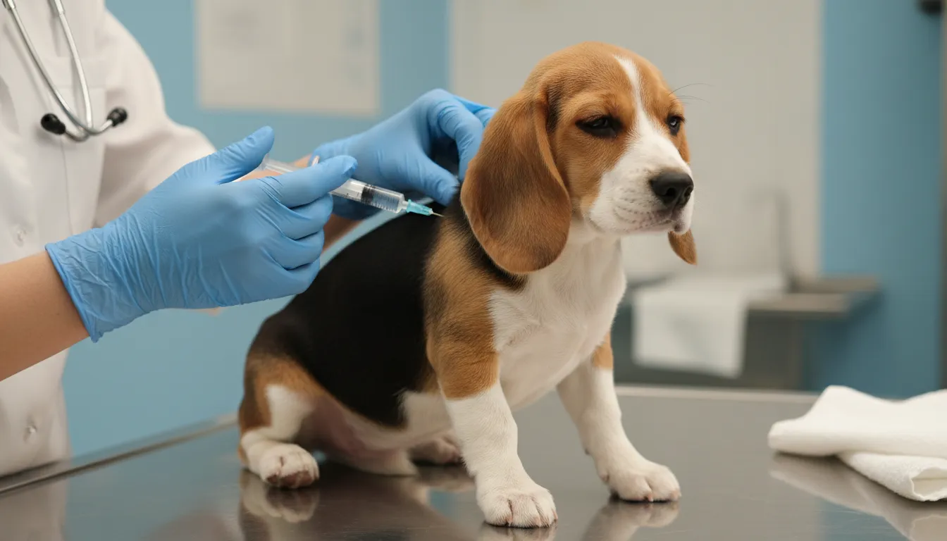 Veterinario aplicando vacuna a un cachorro tranquilo sobre una mesa de acero inoxidable