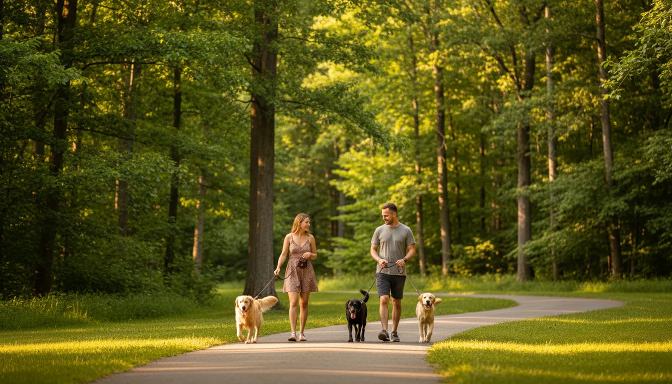 Dos personas caminando con sus perros en paralelo manteniendo distancia de seguridad en un sendero