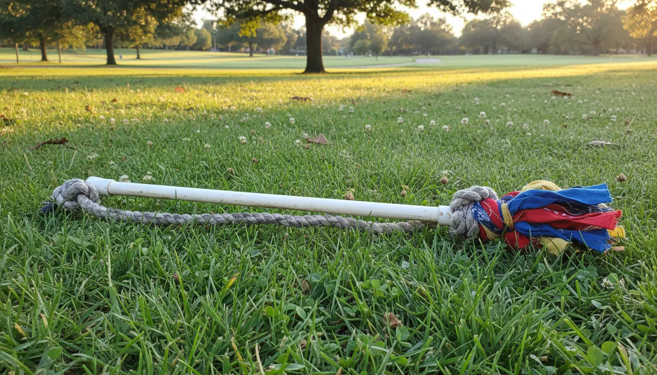 Caña de pescar casera para perros hecha con un palo y una cuerda con un juguete de peluche en la punta