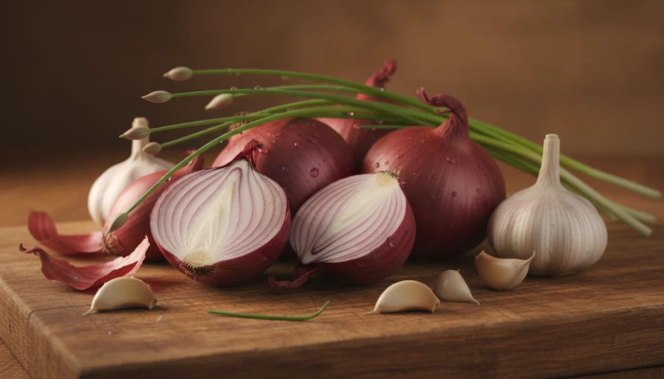 Bodegón artístico de cebollas, ajos y cebollino sobre una tabla de madera rústica