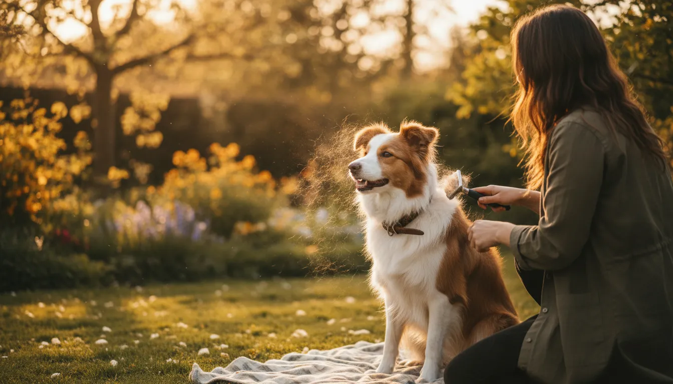 Dueño cepillando suavemente a un perro border collie en un jardín soleado para prevenir la caída de pelo