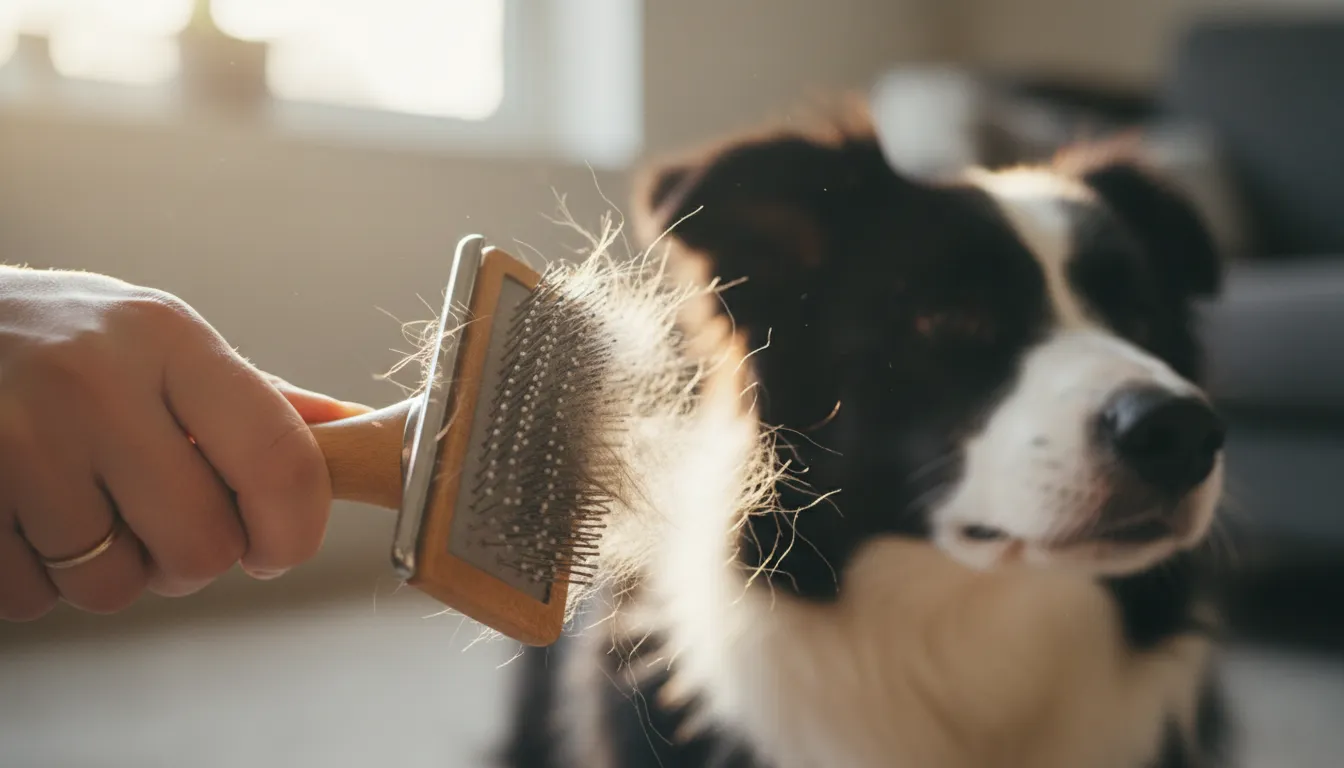 Dueño cepillando suavemente a un perro antes del baño para eliminar nudos
