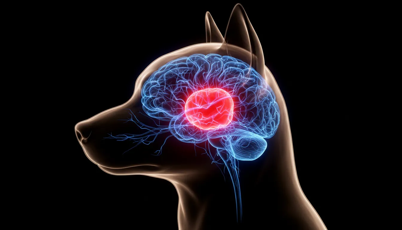 Ilustración conceptual de la silueta de un cerebro canino con zonas de estrés iluminadas en rojo, estilo médico futurista