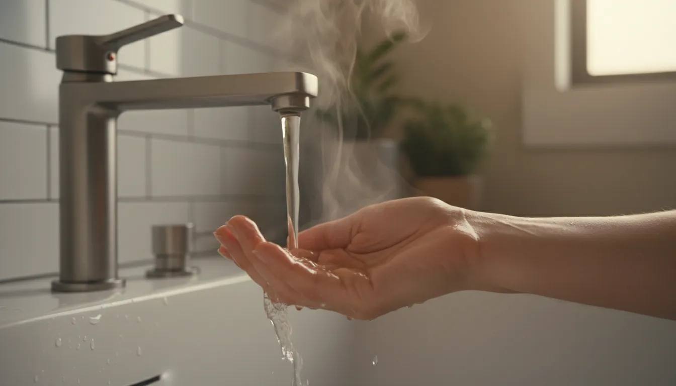 Mano humana comprobando la temperatura del agua tibia antes de mojar al perro