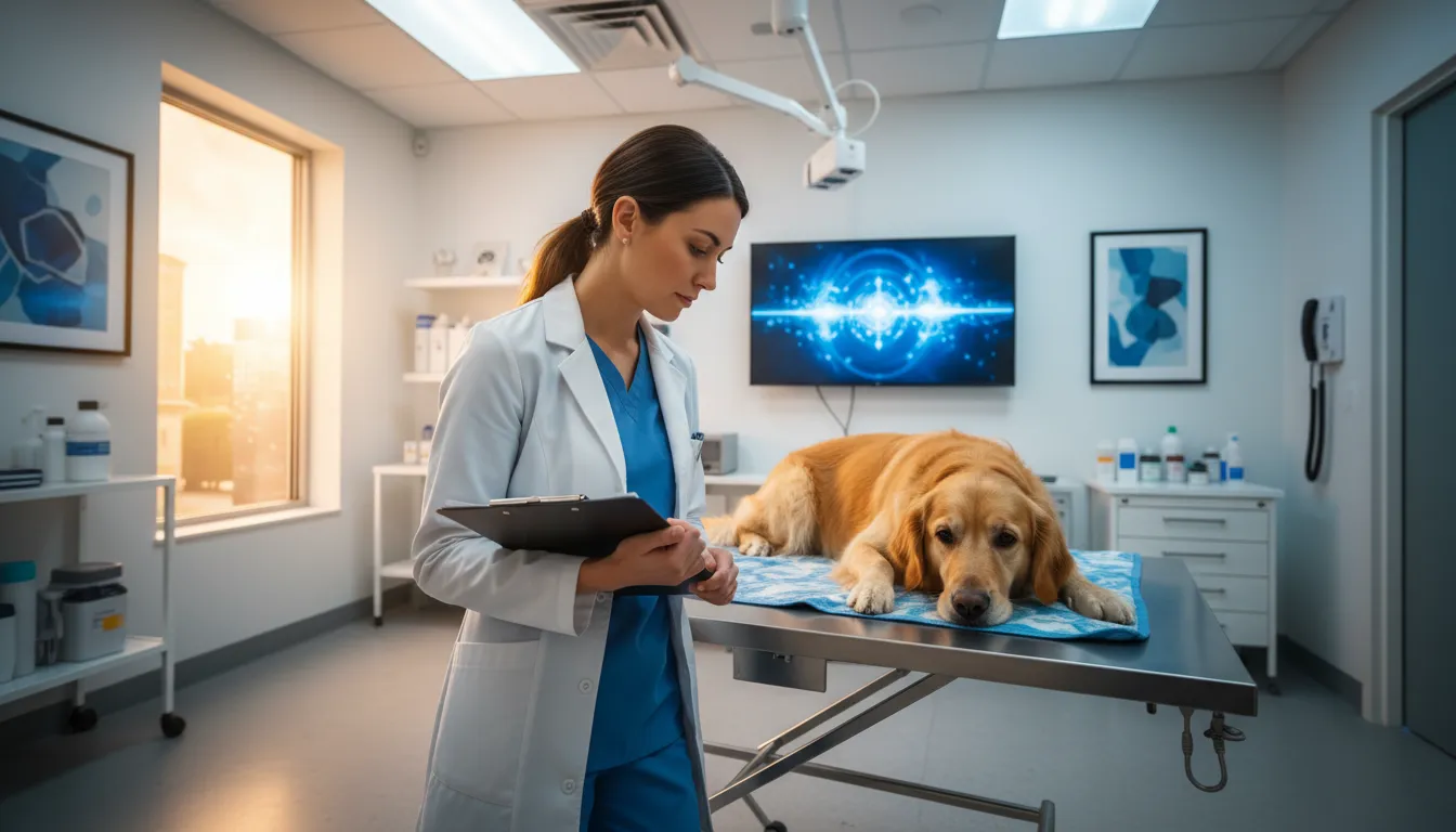 Veterinario profesional analizando gráficas de nutrición y análisis de sangre de un perro en una clínica moderna