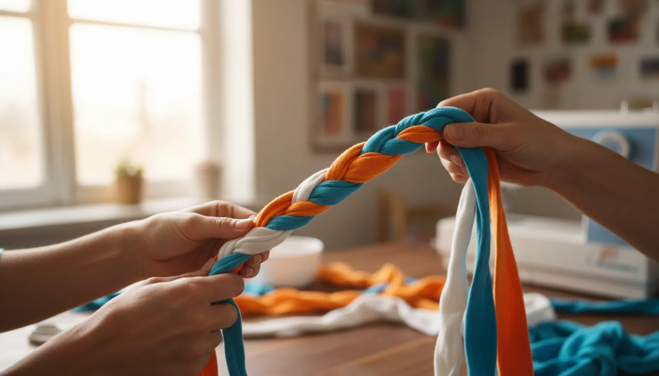 Primer plano de manos trenzando tiras de camisetas de colores azul y naranja para crear un juguete para perros