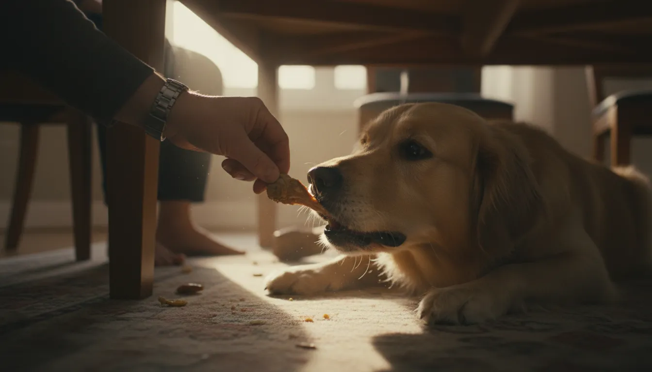 Mano humana ofreciendo comida inapropiada a un perro bajo la mesa
