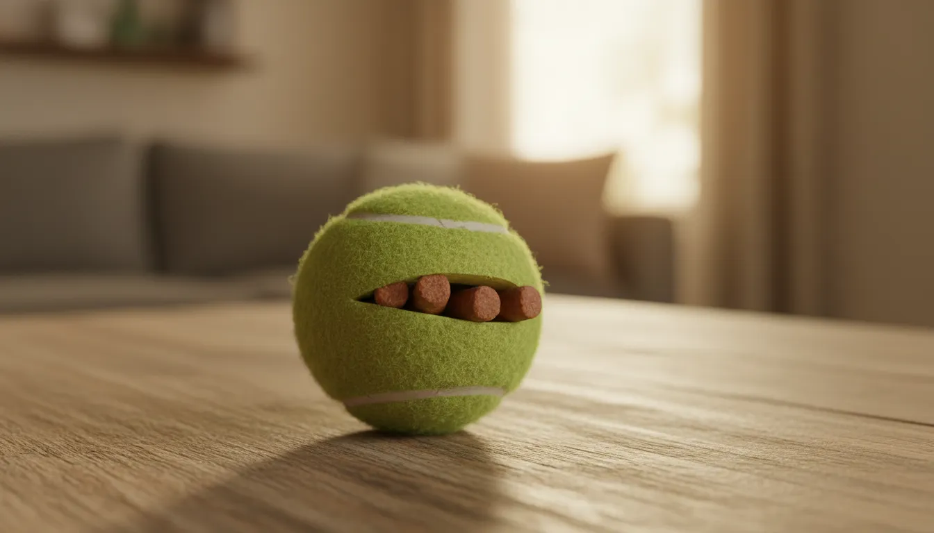 Pelota de tenis verde con una incisión lateral mostrando premios caninos en su interior