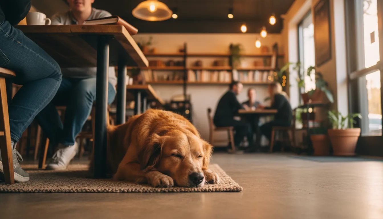 Perro descansando tranquilamente bajo una mesa de cafetería mientras sus dueños conversan