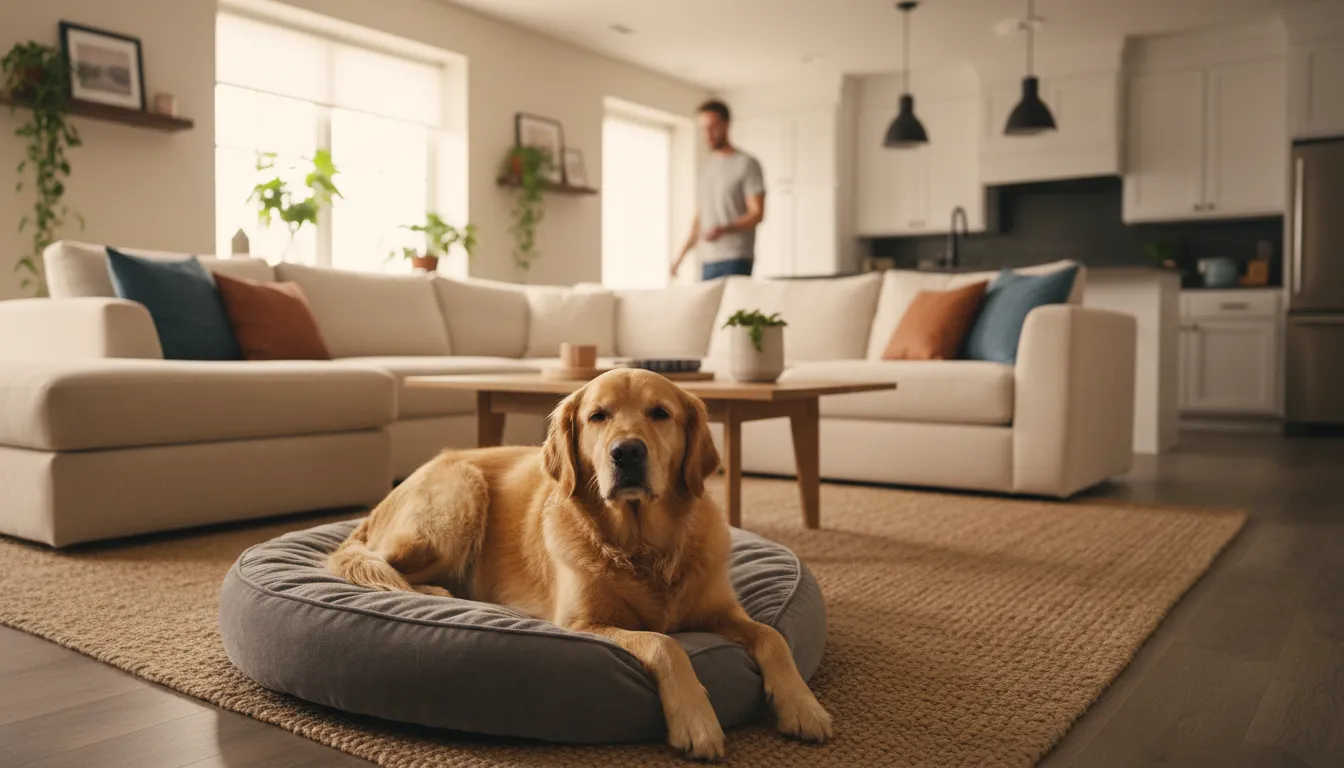 Dueño entrenando a su perro para que se quede en su cama mientras se aleja