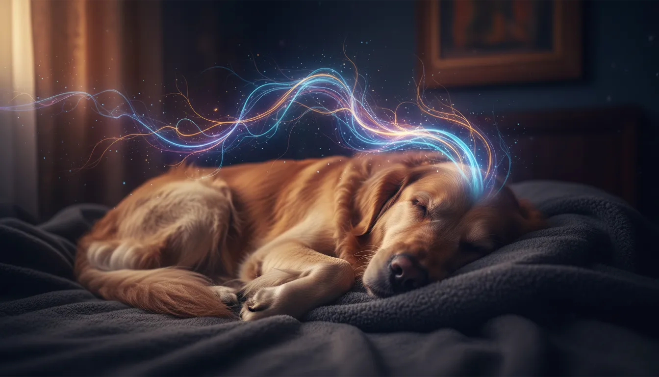 Ilustración conceptual de un perro durmiendo mostrando ondas cerebrales y actividad neuronal durante la fase REM