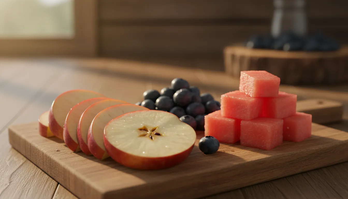 Selección de frutas seguras para perros: rodajas de manzana, arándanos y cubos de sandía sobre tabla de madera