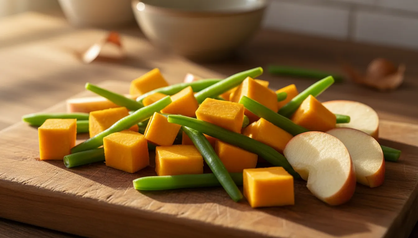 Bodegón de ingredientes naturales ricos en fibra para perros: calabaza, judías verdes y manzanas troceadas