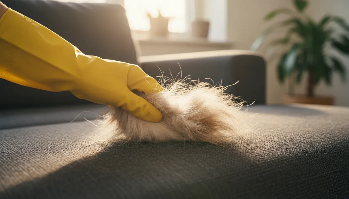 Mano con guante de goma amarillo recogiendo una gran cantidad de pelo de perro de un sofá gris