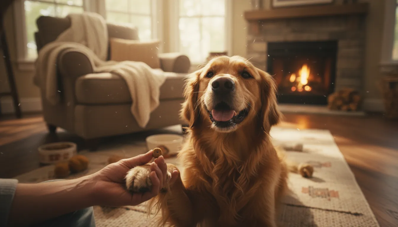 Dueño practicando manipulación de orejas y patas en casa con refuerzo positivo