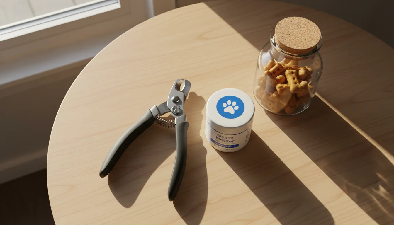 Bodegón con cortauñas tipo alicate, lima eléctrica y polvo estíptico sobre mesa de madera