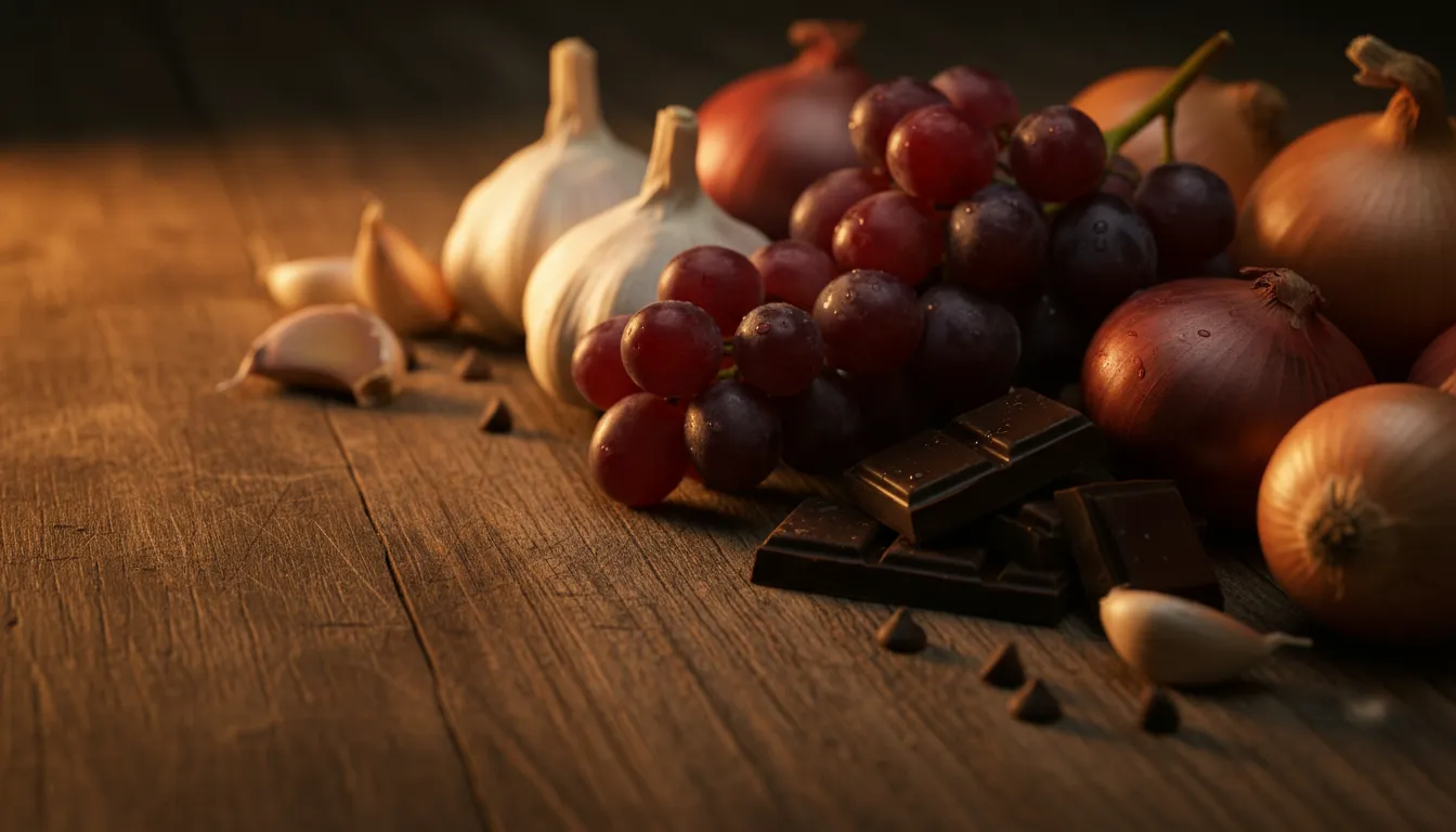 Bodegón artístico de ingredientes naturales que pueden ser peligrosos si no se balancean correctamente como uvas cebollas y huesos astillables