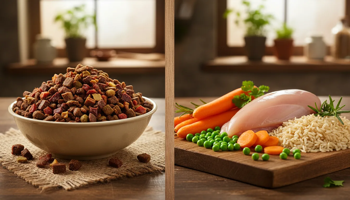 Ingredientes frescos naturales junto a un bol de comida canina premium