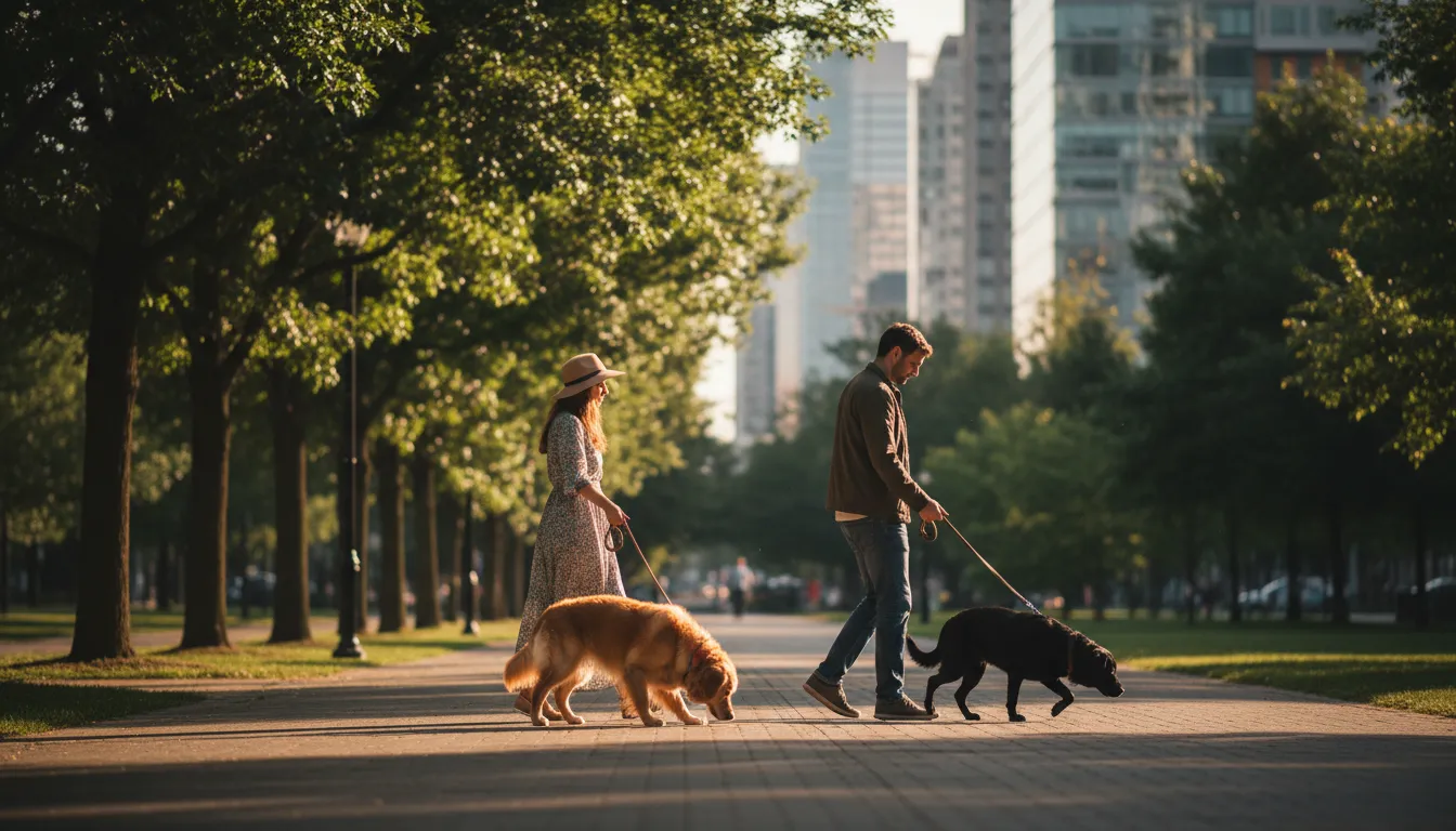Dos personas paseando a sus perros con correa saludándose cordialmente en un parque urbano