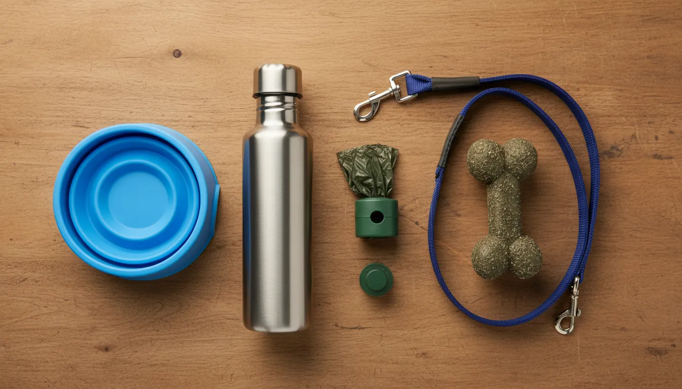 Kit de viaje para perros organizado sobre una mesa de madera con botella y premios