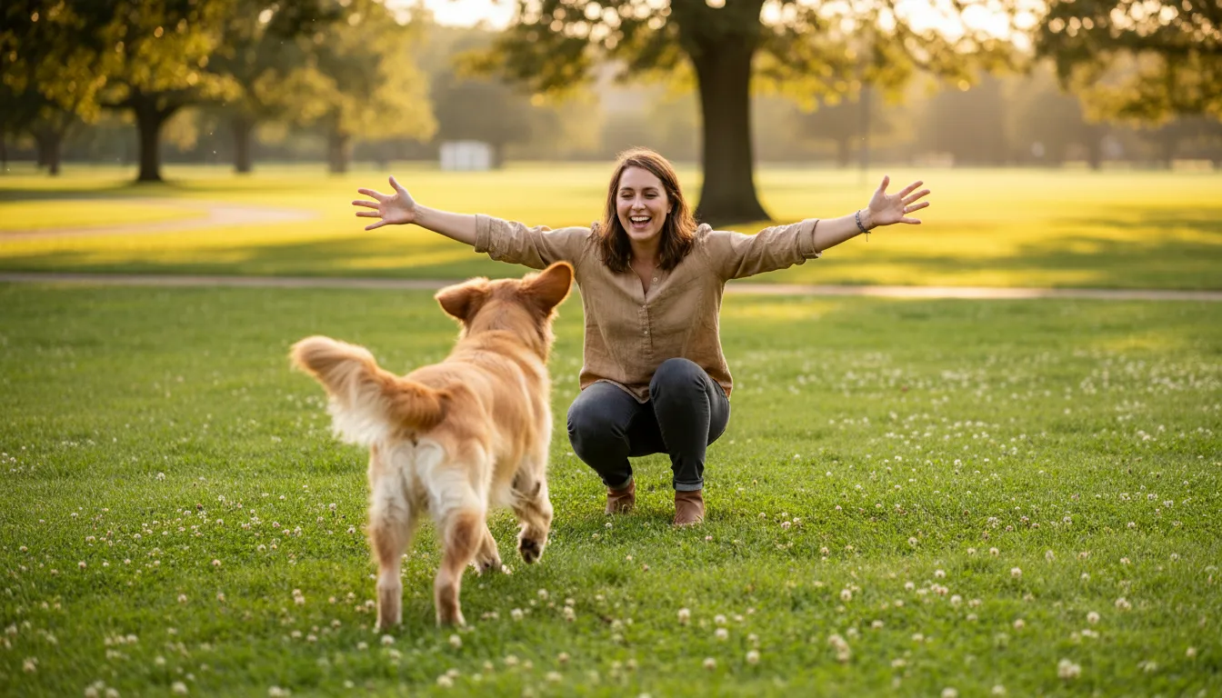 Persona en cuclillas con los brazos abiertos y sonrisa invitando al perro a acercarse, mostrando lenguaje corporal positivo