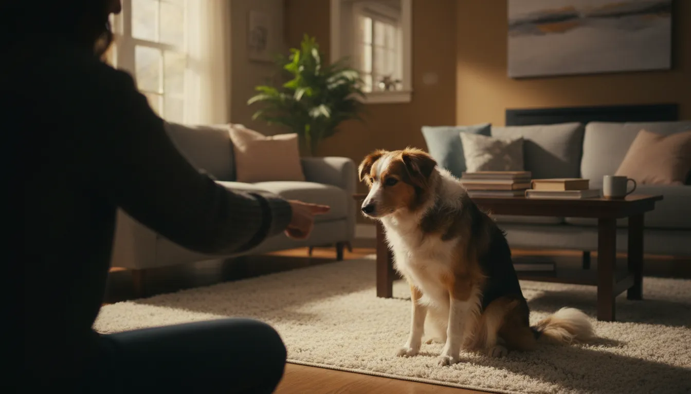 Perro mostrando señales de miedo: orejas hacia atrás, cuerpo encogido y evitando el contacto visual ante una figura humana borrosa