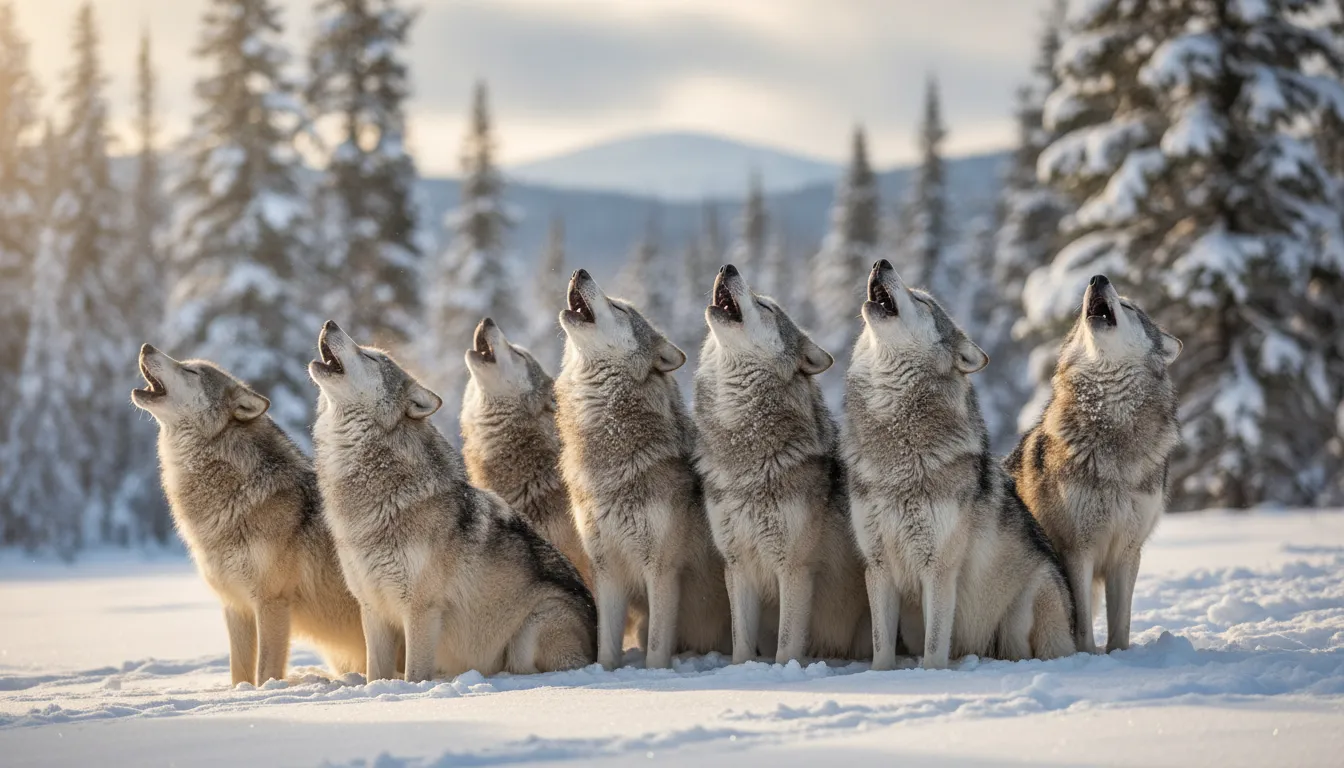Manada de lobos aullando en un bosque nevado para comunicarse