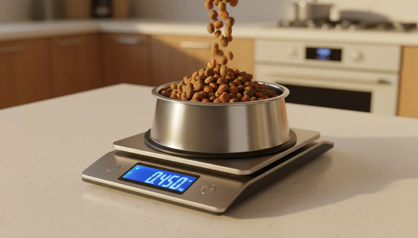 Báscula de cocina digital pesando ración exacta de pienso para perro