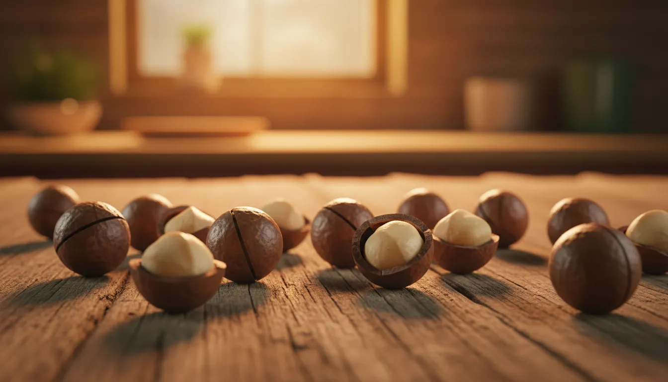 Nueces de macadamia esparcidas sobre una mesa con una textura visual detallada