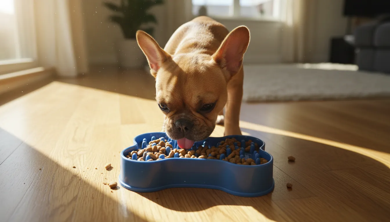 Cachorro comiendo croquetas de un plato interactivo para comer lento