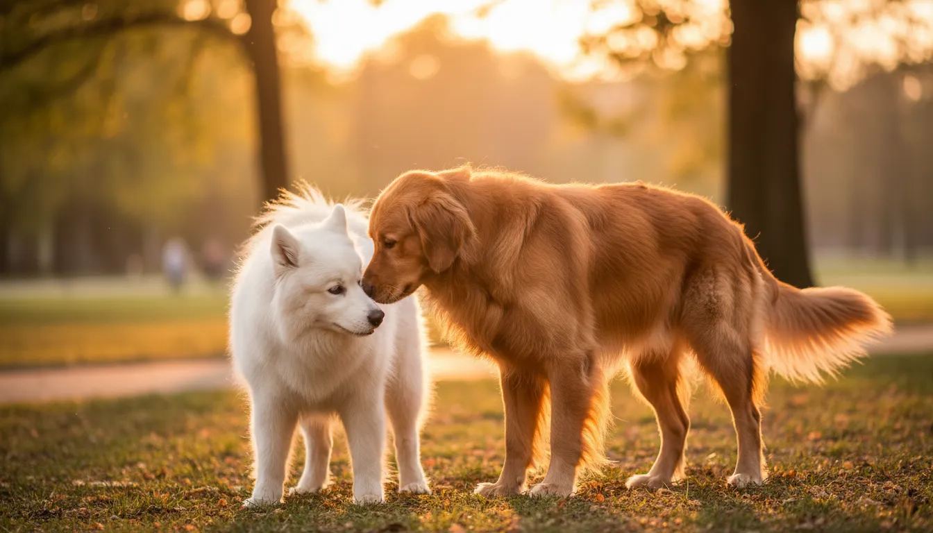 Primer plano de dos perros olfateándose mutuamente de forma relajada en un entorno natural
