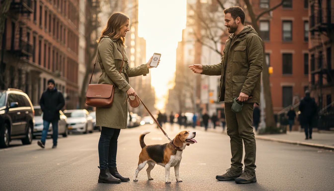 Paseador de perros profesional saludando a un dueño y recibiendo la correa del perro mientras consulta la app en su móvil