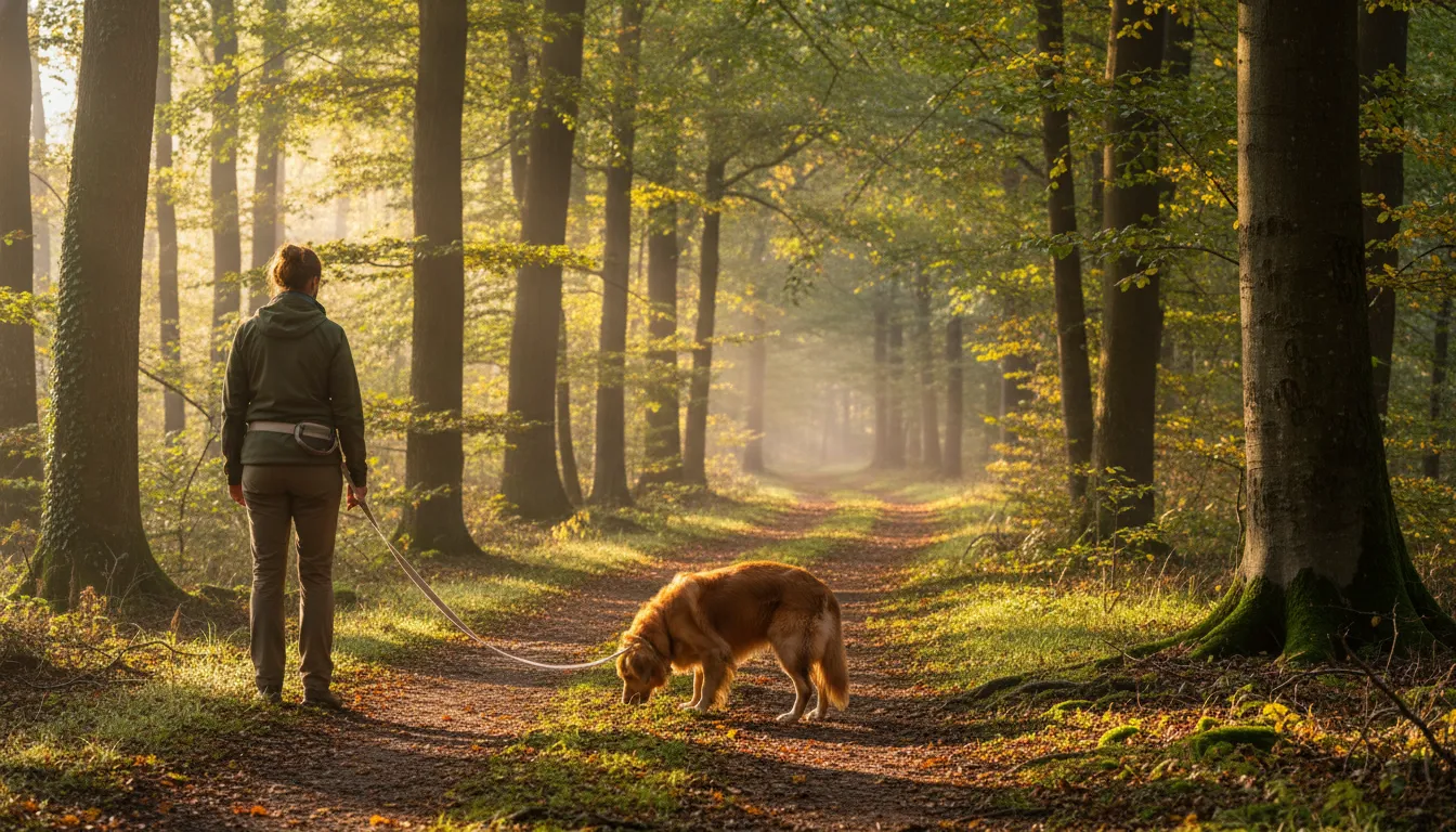Dueño paseando a perro con correa larga y floja en un parque