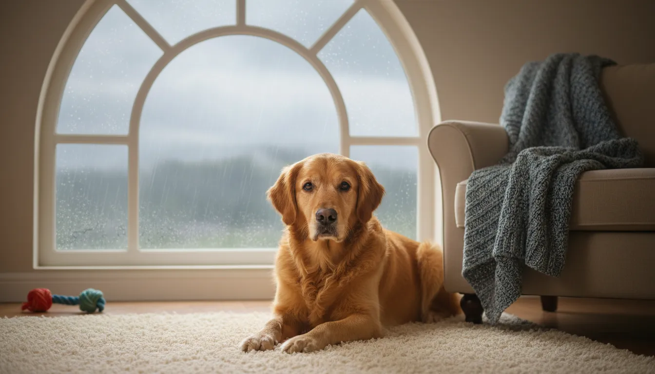 Perro mirando por la ventana con expresión de espera y ansiedad por separación