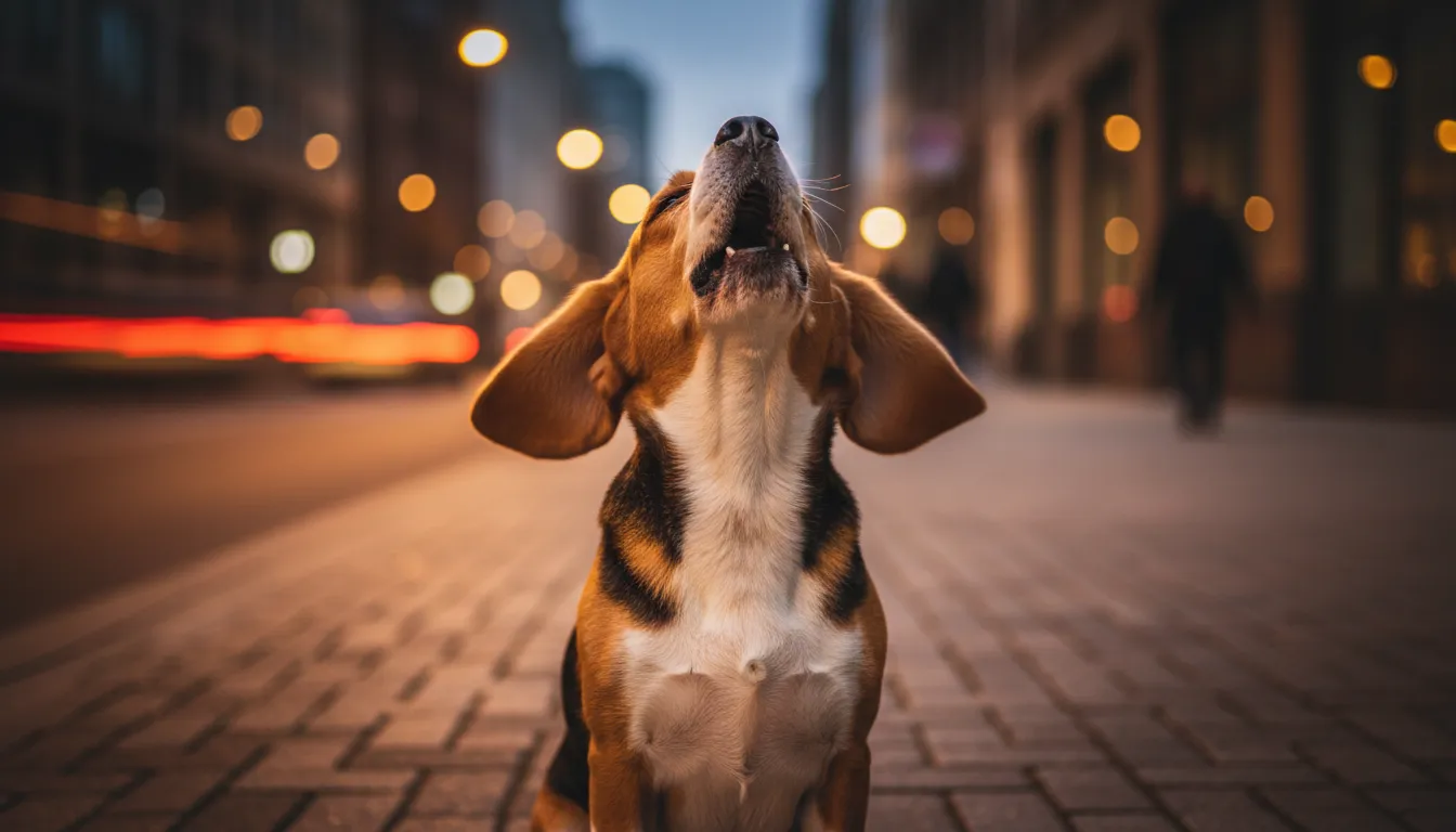 Perro beagle escuchando atentamente y aullando ante el sonido de una sirena