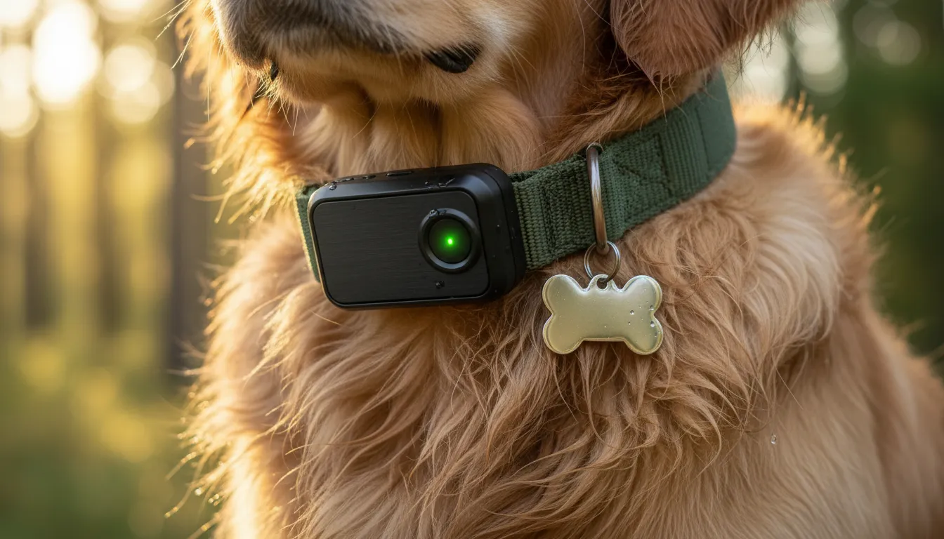 Primer plano de perro con collar GPS y placa identificativa de seguridad