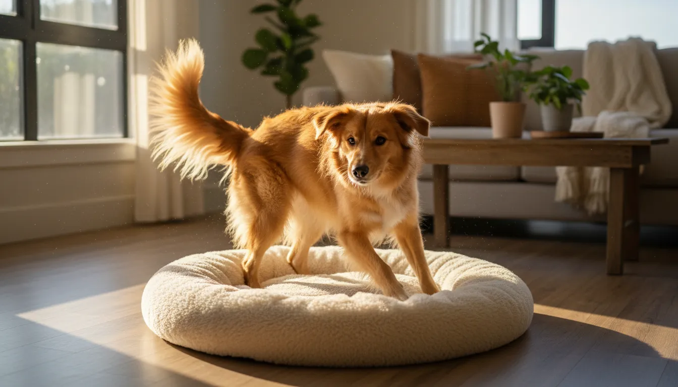 Perro de raza mixta dando vueltas en círculos sobre una cama cómoda antes de acostarse, capturando el movimiento