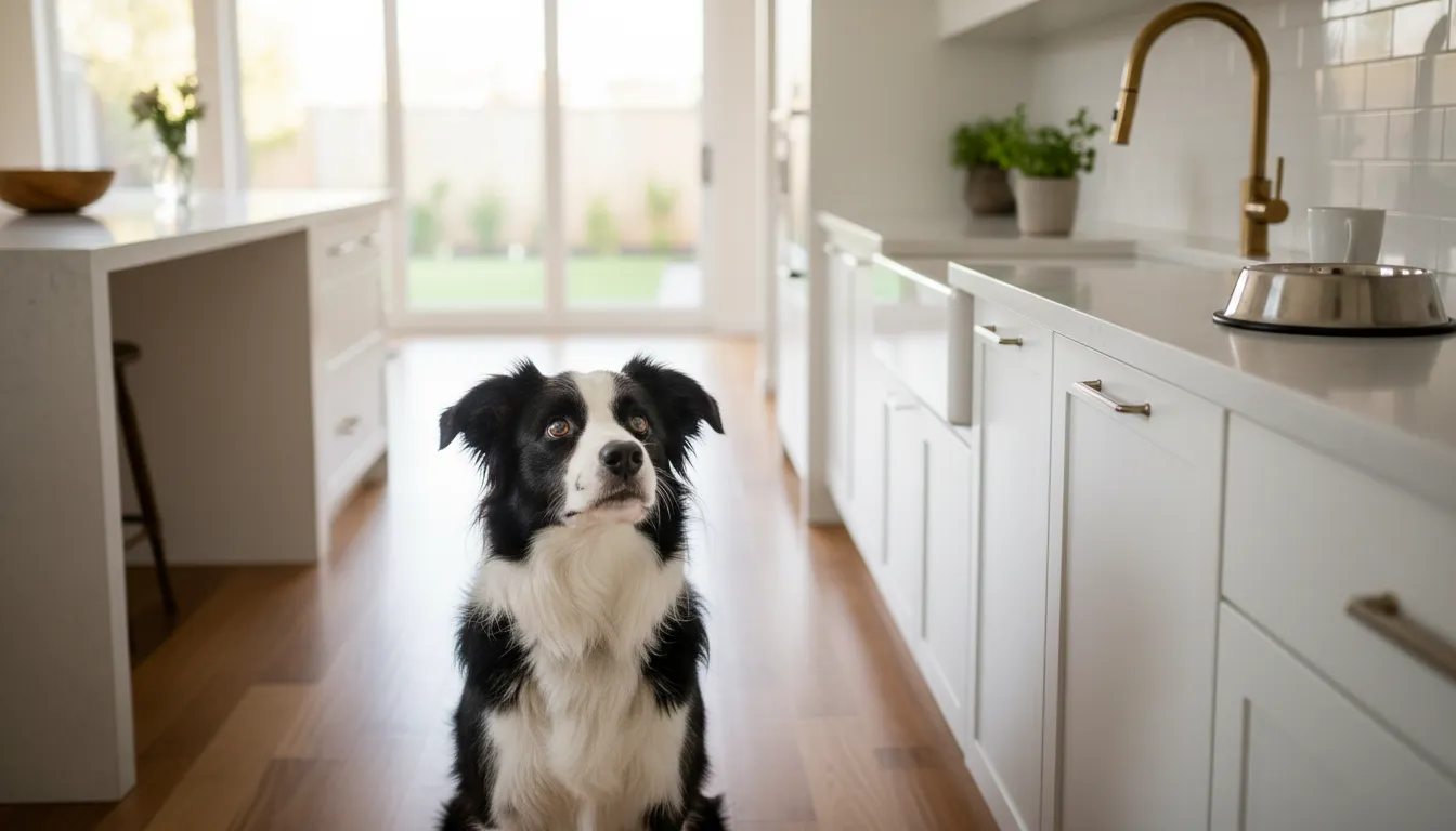 Perro sentado pacientemente esperando su plato de comida, mostrando autocontrol y obediencia