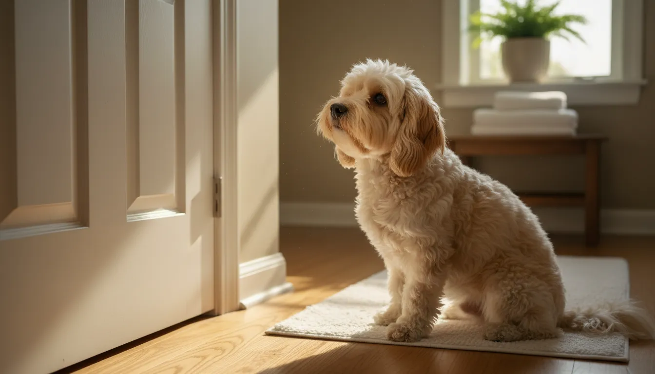 Perro sentado pacientemente frente a la puerta cerrada del baño esperando