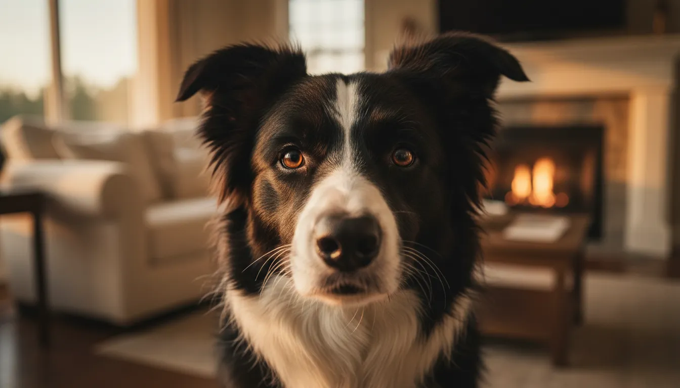 Primer plano de un perro mirando con admiración y atención a su dueño